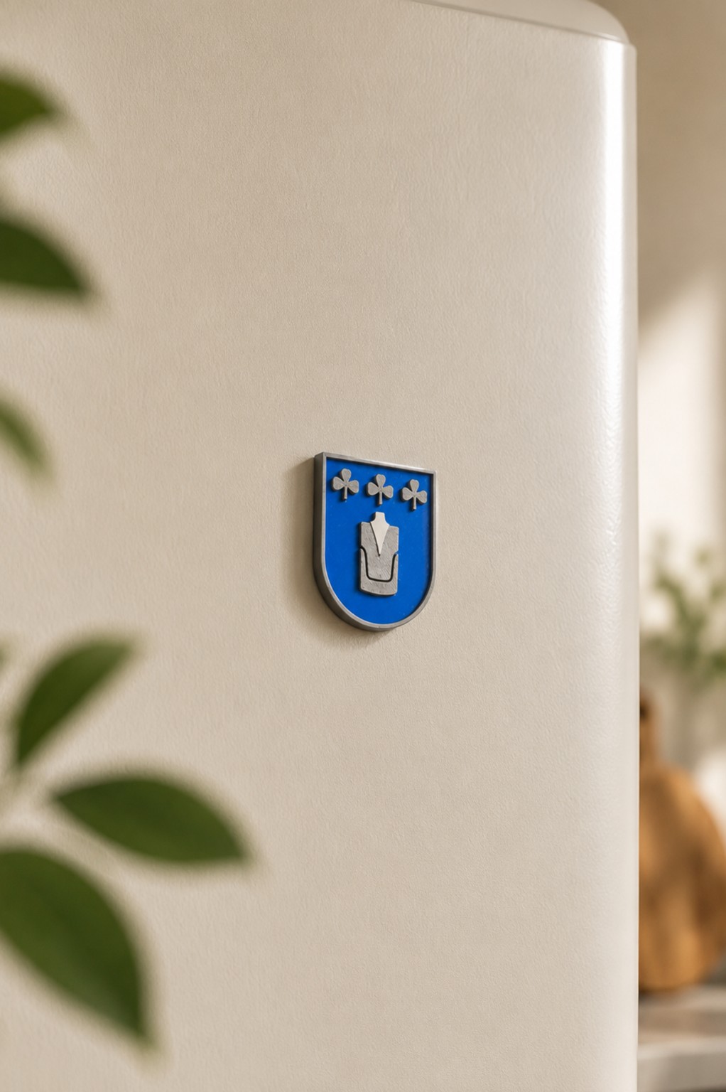 Saari-vaakunamagneetti jääkaapin ovessa
